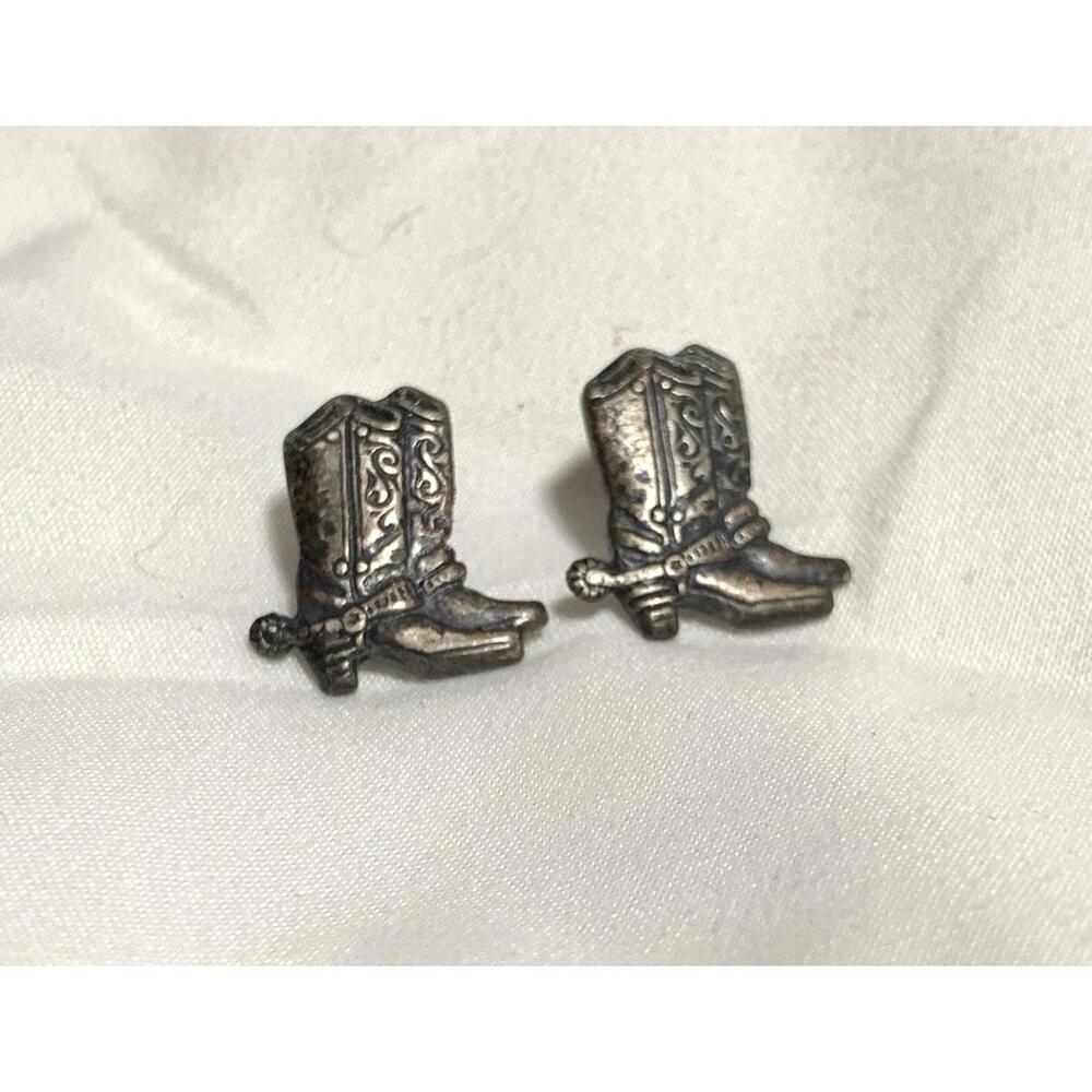 Vintage Silver Texas Cowboy Cowgirl Boot Earrings Studs Post Metal - Picture 1 of 5